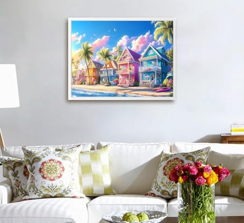 GEWOUVIN Beach House Diamond Art Kits for Adults,Diamond Painting Kits for Adults Beginners, DIY Full 5D Round Drill Gem Art Kits for Gift Home Wall Decor【15.7x11.8inch】