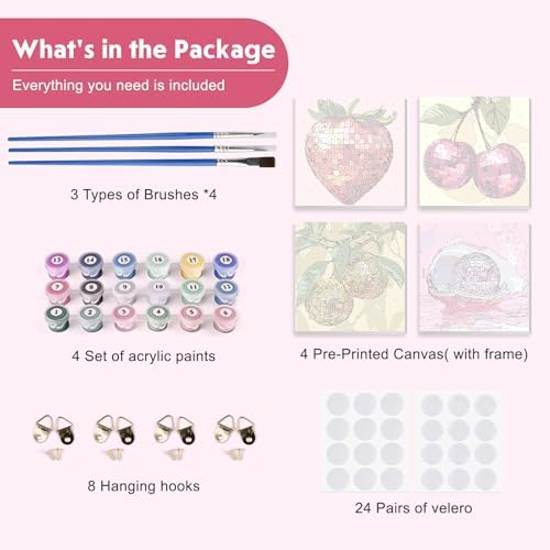 NEWENMO 4 Pack Paint by Numbers for Adults with Wooden Framed, Sparkling Funky Fruit, Paint by Number Kits on Canvas for Beginner, DIY Acrylic Oil Painting Kits for Home Decor 8x8 inch, Disco Ball