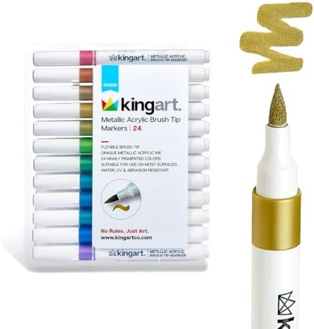KINGART 24 Metallic Colors Acrylic Paint Markers, Brush Tip Pens for Stone, Wood, Calligraphy, Canvas, Ceramic, Metal, Glass, Rock Painting, DIY Crafts Art Supplies Kit