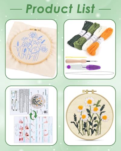 ERKOON Punch Needle Kit Beginners Adults, DIY Easy Flower Embroidery Set for Starter Art Craft, Needling Punching Project with Patterns, Tools, Yarns, Hoop, Instruction (Daisy)