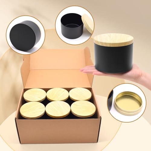 12-Pack 16oz Candle Tins with Wood-Grain Printing Lids, Metal Candle Jars for Candle Making, Empty Containers Vessels Bulk for Small Business & Beginners DIY Storage -Wood Black