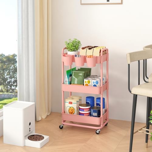 JIUYOTREE 3-Tier Plastic Rolling Storage Cart Utility Cart Pink