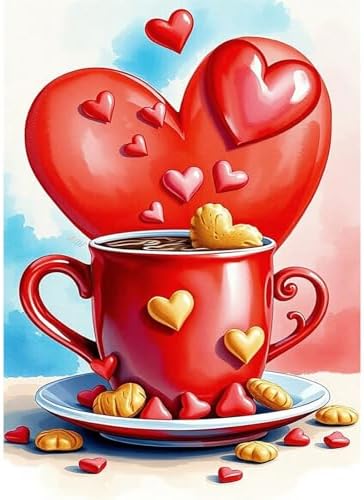 MVVMTOP Diamond Painting Kit for Adults 5D DIY Red Heart-Shaped Coffee Cup Full Drill Round Diamond Art Kits for Beginners Crystal Rhinestone Embroidery Painting Home Wall Decor Gift