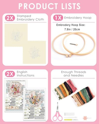 TINDTOP 2 Pack Embroidery Kit for Adult, Embroidery DIY Starter Kit, with Stamped Patterns, Hoop, Tools, Colorful Threads with Needles, Instructions (Bee)