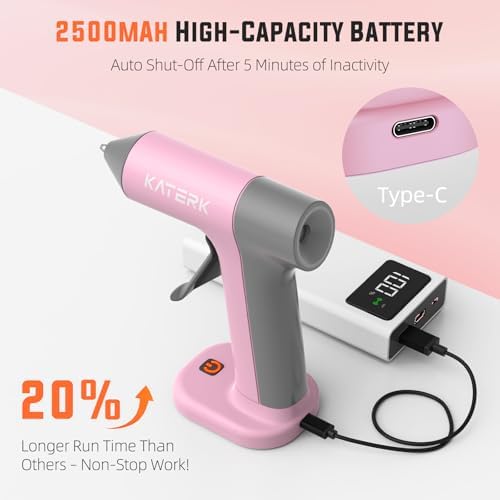Katerk Cordless Hot Glue Gun, 50 Mini Glue Sticks, Rechargeable, Pink