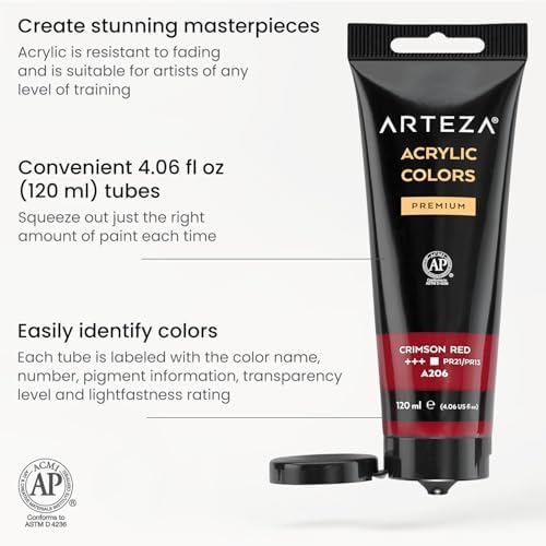 ARTEZA Acrylic Paint Set of 14 Colors, 4.06 Ounce Tubes, Non- Acrylic Artist Paints. Art Supplies for Painting