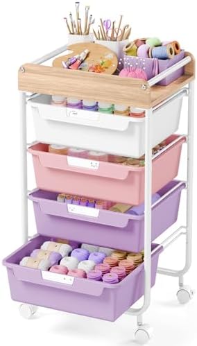 SYKIARIOL Rolling Craft Storage Cart with 4 Drawers,Kids Art Cart,Purple