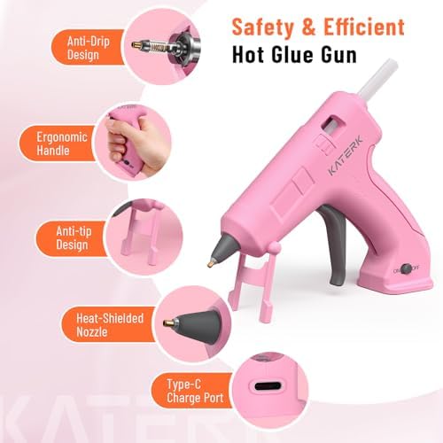 Katerk 3.7V Cordless Hot Glue Gun Kit, 90s Fast Heating, Mini Glue Gun with 15 Glue Sticks, USB-C Rechargeable with 2000mAh Built-in Battery, Ideal for DIY, Gift Making, School Crafts & Repairs (Pink)
