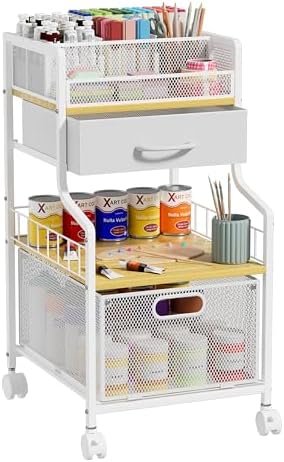 SWTYMIKI Under Desk Storage Cart- Art Storage Cart with Drawers & DIY Divider - Office Cart Organizer Under Desk Shelf, Craft Rolling Cart for Office, Craft Room & Studio White