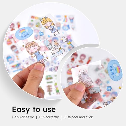 Cute Kawaii Cartoon Animal Stickers Set - PET Transparent Decorative Sticker for Bullet Journaling,Diary,Album,Arts Crafts,Planners,Scrapbooking,Junk Journal,Calendars and Notebook