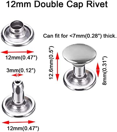 100sets Stainless Steel Leather Rivets Double Cap Rivet Tubular Metal Studs Repairs Decoration Craft Accessories for Leather Craft Clothes Shoes Bags Belts (12mm Silver)