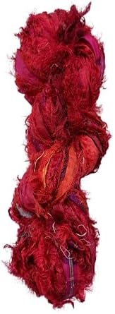Maker's Craft Recycled Fuzzy Fringes Sari Silk Ribbon Yarn 35yards, 100Grams for DIY Knitting Crocheting Gift Wrapping, Christmas Decoration, Macrame Makers, Jewelry Making, Rugs Hooking (Red)
