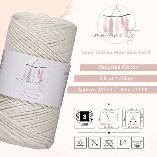 Makromecity, Cotton Macrame Cord 2mm x 195 Yards (590 feet) 2mm Recycled Cotton Crochet Yarn for Macrame Art & Crafts for Wall Hangings, Bags, Underplate, Rug (25 Colors Available) (Ecru)
