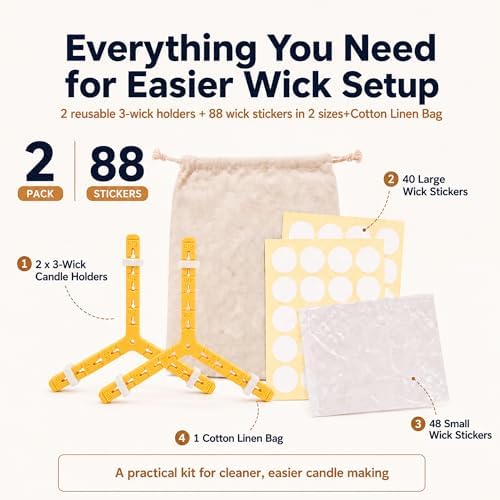 3-Wick Candle Holder | Wick Centering Tool | Includes 2 Sizes Wick Stickers (40 Large + 48 Small) + 1 Cotton Linen Bag | ABS Material for Better Heat Resistance