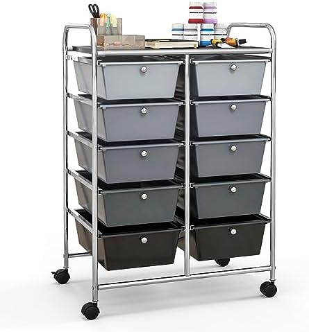Giantex 10 Drawers Rolling Cart, Classroom Organizers, Storage Cart with Wheels, for Teacher Office Home School Supplies Tool Craft Art Paper, Black Gradient
