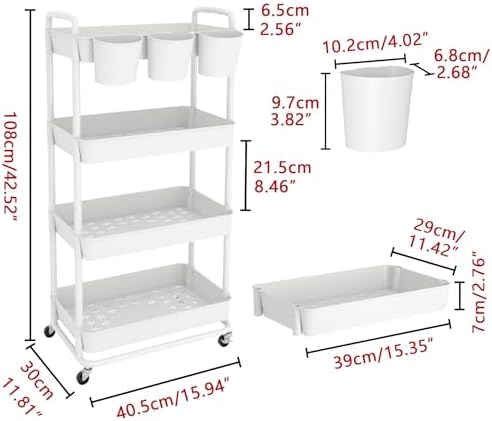 JIUYOTREE 4-Tier Plastic Rolling Storage Cart Utility Cart White