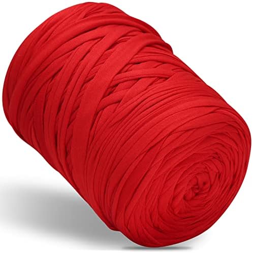400g T-Shirt Elastic Fabric Crochet Cloth Yarn for DIY Knitting, 130 Yards Spaghetti Thick Knitting Yarn for Hand DIY Bag Basket Cushion Crocheting Projects Home Decor (Red)
