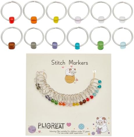PLIGREAT 24 Pcs Colorful Glass Seed Beads Crochet Stitch Marker Rings Set Removable Knitting Locking Marker Loop Gifts for Mom Woman DIY Crafts Earing Jewelry Making Accessory Tailors Shop Supplies