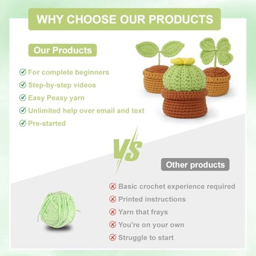 Autglint Potted Plant Crochet Kit for Beginners, Learn to Crochet Starter Kit with Pre-Started Yarn & Easy-to-Follow Video Tutorials, DIY Amigurumi Animal Kit for Adults Kids Gift