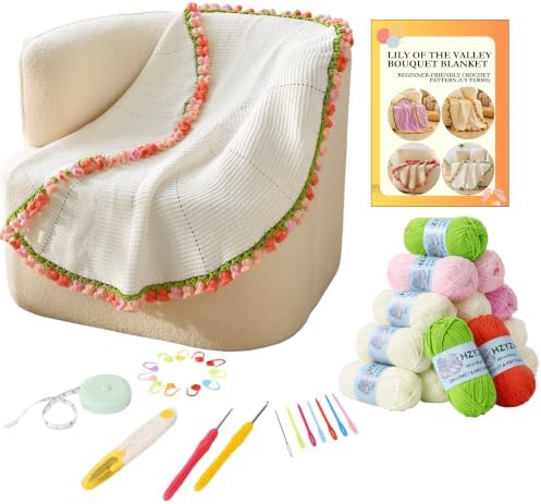 Crochet Flower Blanket Kit for Beginners, 40'' Lily of The Valley Bouquet, Blanket Shawl Throw Kits for Adults, How to Knitting with Yarn, Home Decor Gifts for Crocheters (White-Pink Lily)