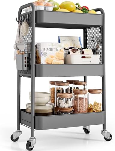 TOOLF 3 Tier Rolling Cart, Metal Utility Storage Cart with Pegboard, Grey | 2 Bins & 4 Hooks, Screwless Assembly, Lockable Wheels, Trolley Organizer for Bathroom, Kitchen, Office, Dorm, Craft Room