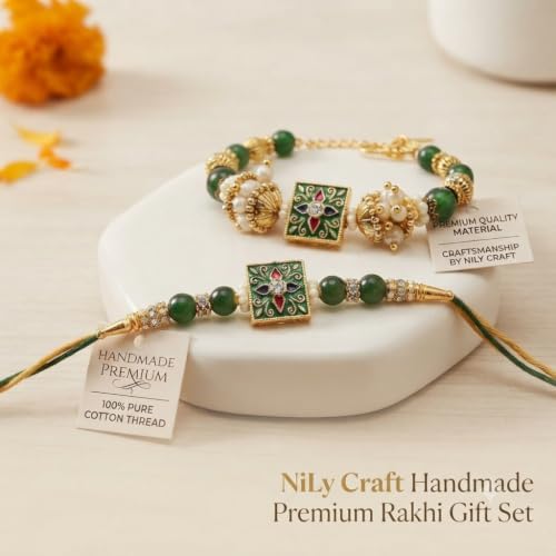 Handmade Premium Couple Rakhi Gift Set | Green Traditional Charm with Unique Design Rakhi Combo | Includes Roli Kumkum & Chawal | Traditional Raksha Bandhan Gift for Bhaiya Bhabhi, Brother & Sister