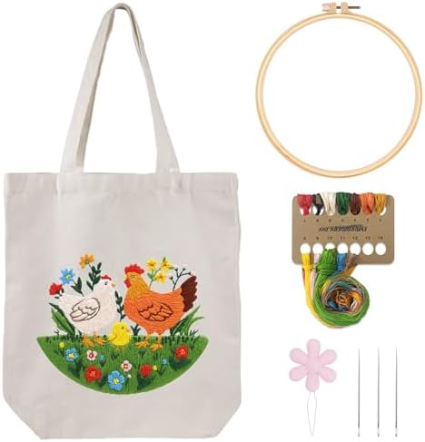 Louise Maelys Embroidery Kit Canvas Tote Bag, Chicken Floral Pattern