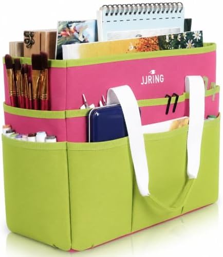 JJRING Craft Organizer Tote Bag Large Art Storage Caddy Bright Green&Red | With Multiple Pockets For Sewing, Scrapbooking, School, Medical, And Office Supplies