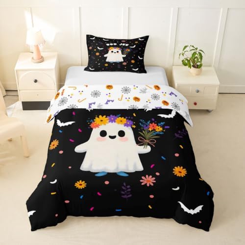 Erosebridal Spooky Ghost Duvet Cover Twin Size Cute Flower Bedding Set for Kids Boys Girls Cartoon Bats Comforter Cover Kawaii Halloween Artwork Bedclothes Room Decor
