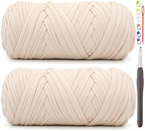 2 Pack Tshirt Yarn for Crocheting,BeigeT Shirt Chunky Elastic Fabric Thick T-Shirt Crochet Yarn for Beginners Crocheting Hand Knitting Bag/Basket/Coasters/DIY Crafts/Home Decor 2 * 200G(Beige