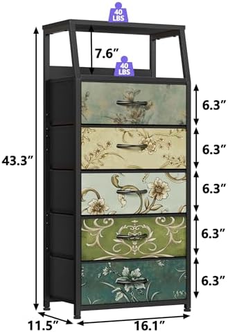Furnulem 5 Drawers Dresser for Bedroom, Fabric Tall Nightstand