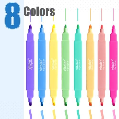 Vitoler Highlighters, Assorted Colors, 8 Pack Dual Tip Pastel Highlighters