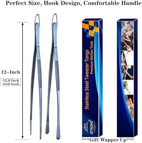 JETKONG 2 Pcs 12-Inch Cooking Tweezer Tongs Stainless Steel Kitchen Tweezers Plating Tongs (Navy Blue)