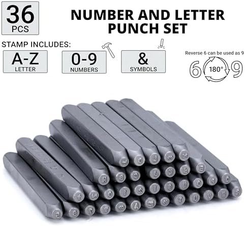 NEIKO 02629A Number and Letter Punch Set with Heat-Treated Steel Punches, Imprinting & Arts and Crafts, 1/16" (1.5MM) Shaft, 36 Pc Stamp Set, Uppercase Letter & Number Punch Set (A-Z / 0-8 / "&")