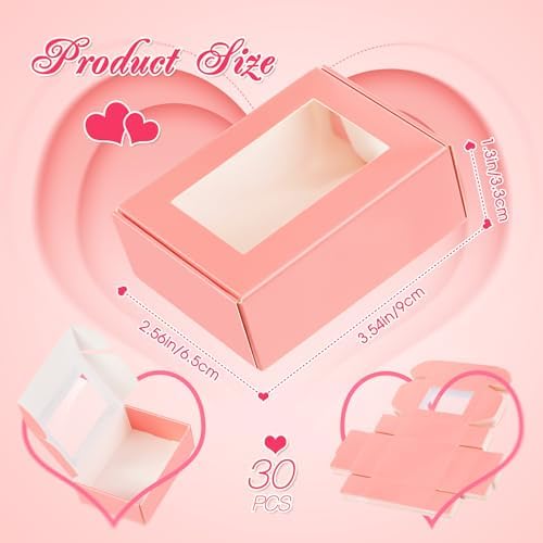 Zonon 30 Pcs Soap Boxes for Homemade Packaging, Mini Kraft Boxes with Window for Bakery Candy Soap Making Gift Packaging, 3.7x2.6x1.4 Inch (Pink)