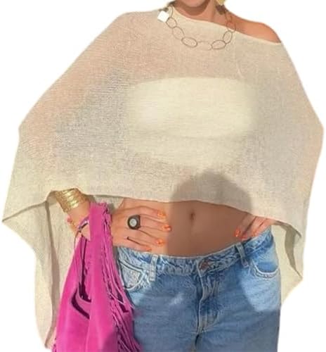 Nicoxijia Women Y2K Sheer Knit Poncho Top Lightweight Summer Beach Knit Shrug Shawl Bolero Off Shoulder Mesh Sweater Cover Up