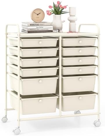 LDAILY 12 Drawer Rolling Storage Cart, Craft Cart Organizer on Wheels w/Metal Frame, Large Capacity & Smooth Drawer, Rolling Cart w/Drawers for Classroom, Office