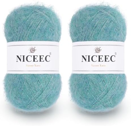 NICEEC 2 Skeins Long Pile Mohair Yarn 2.82oz/788yds - Waterfall Blue
