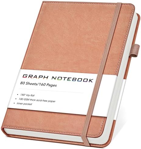 A5 Leather Hardcover Graph Paper Notebook, 160 Pages (5 Squares/Inch), 180° Lay-Flat Binding, 100 GSM Thick Paper, for Math, Engineering, Students & Technical Work (Pink)