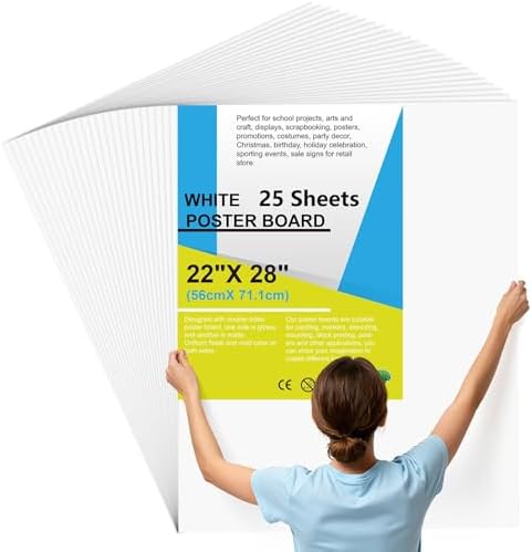 25 Pcs Poster Board 22" x 28" White Poster Paper Bulk, ROOKEA 250 GSM Vision Board for Arts Craft Projects Presentations Drawing Scrapbooking Blank Graphic Display Office Supplies