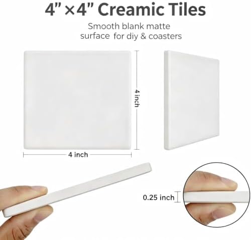 12 Pack 4 in Unglazed Ceramic Coasters with Corks Backing for Art Crafts | White Square Blank Ceramic Tiles for Acrylic Pouring, DIY Coasters, Painting Projects, Decoupage