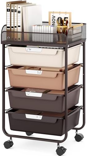 SYKIARIOL 4-Drawer Rolling Storage Cart with Mesh Top,Brown
