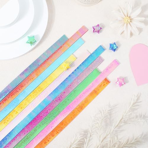 SUNNYCLUE 900 Sheets Star Paper Strips Stars Origami Pearlescent Love You Green Pink Blue Purple Lucky Double Sided Origami Paper for Craft DIY Hand Art Projects Crafting Supplies Wedding (Pack of 2)
