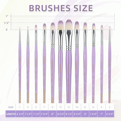12Pcs Filbert Professional Artist Watercolor Paint Brush Set, Purple