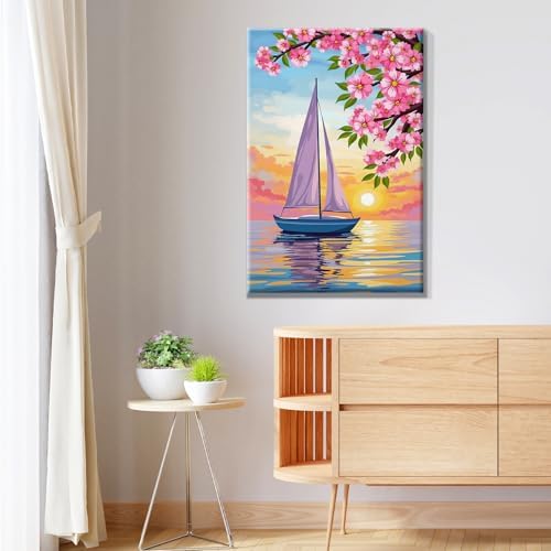 JOOZ Sailboat Paint by Numbers Kit for Adults with Frame Sunset Paint by Number with Easel Flowers Adult Paint by Number Kits Framed Canvas Oil Painting Kits for Home Wall Decor 8x12 Inch