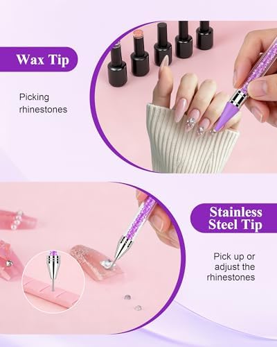 Rhinestone Picker Tool, Wax Pencil for Rhinestones Tool, Dual-ended DIY Nail Bedazzling Tools With 2 Extra Purple and 2 Extra White Replaceable Wax Head and 1 Tweezer(Purple and White)