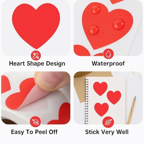 Anwyll Heart Stickers - 500Pcs 1Inch Valentines Day Heart Stickers Red Heart Shape Sticker for Reward Classroom Self Adhesive Love Incentive Sticker for Envelope Seal Card Birthday Wedding Favors