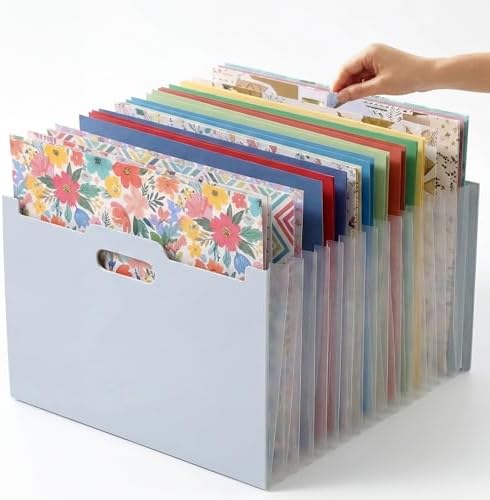 12x12 Scrapbook Paper Storage Organizer, Expandable 13 Pocket Desktop Paper Organizer Storage for Scrapbook Essentials, Large Scrapbook Storage for Photos, Washi Tape, Sticker (Light Blue)