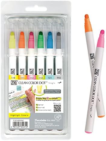 Kuretake CLEAN COLOR DOT Single Hightlight 6 colors set, Flexible dot tip marker, for Journals, Crafts, Illustration, Lettering, Planners, for Adult, Kids, Made in Japan