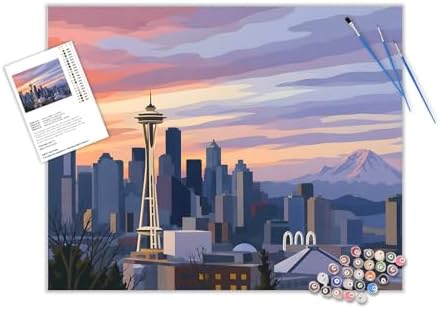 ARNLRDYA Seattle City View Paint by Number Kits, Washington State Sunset Cityscape Paint by Numbers for Adults, Modern Urban Picture Canvas Acrylic Painting for Gift Home Decor(16×20inch, Unframe)